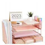 NEW! gianotter Paper Letter Tray Organizer, 4-Tier Desk Accessories & Workspace Organizers Drawer & 2 Pen Holders (Rose Gold)