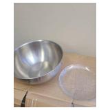 13 qt stainless steel mixing bowl and glass serving platter.