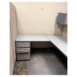 L-shaped desk with cubicle and shelves 64h x 72 x 72