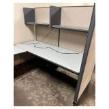 L-shaped desk with cubicle and shelves 64h x 72 x 72