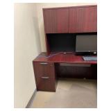 L-shaped desk with hutch 29h x 72 x 71 x 30d hutch is 36h x 70 x 15d with 2 monitors and keyboards