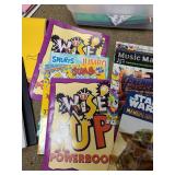 Coloring books, coloring sheets, construction paper, tote, folders.