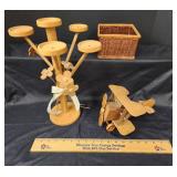 Wooden Airplane, Wooden Candle Holder, and Basket