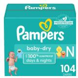 Pampers Baby Dry Diapers Newborn - Size 0, 104 Count, Absorbent Disposable Diapers