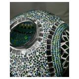 New Handmade Crafted Ornate Oval 9” Glass Mirror Beaded Light Bulb Shade, Blue/Green