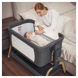ANGELBLISS 3 in 1 Baby Bassinet, Rocking Bassinets Bedside Sleeper with Comfy Mattress and Wheels, 6 Height Adjustable Easy Folding Portable Bedside Crib for Newborn Infant - Retail: $187.61