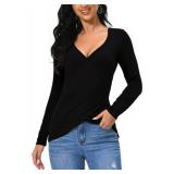 Afibi Women Deep V Neck Low Cut Long Sleeve Slim Shirt Tee Top Blouse (XX-Large, Black)