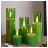 Girimax Green Glass Flameless Candles with Remote, Flickering LED Votive Pillar Candles Battery Operated Slim Tall Candles ? 2" H 3" 4" 5" 6" 7"