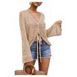 Saodimallsu Womens Oversized V Neck Shirts Flowy Crochet Bell Sleeve Boho Tops Sexy Tie Front Ruched Ruffle Top Blouse Apricot S