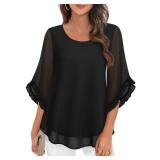 VAFOLY Black Blouses for Women for Work, Sheer Ruffle Sleeve Blouse for Women Office Layered Chiffon Tops Elegant Scoop Neck Blouse for Evening Party Lightweight Flowy Swing Hem Tops Solid Black XL