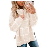 ECOWISH Women Pullover Sweater Turtleneck Plaid Long Sleeve Loose Casual Chunky Checked Knitted Winter Sweaters Jumper Tops Beige X-Large