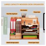 FYY Desk Organizer Wooden Desktop Organizer with 3 Trays - Assembly is Required - Large Desk File Organizer Office Supplies Desk Organizer Tray, Pen Holder and Tissue Box for School Home