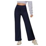 SAFEPATH Womens Yoga Pants High Waisted Button Trousers Straight Leg Workout Strechy Palazzo Pants with Pockets Navy Blue M