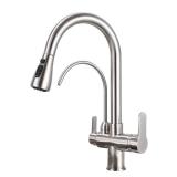 HUAHUALALA Kitchen Sink Faucet with Pull Down Sprayer 2 Handle 3 in 1 Water Filter Purifier Faucets, Brass Drinking Water Faucet Reverse Osmosis Faucet Brushed Nickel - Retail: $94.05