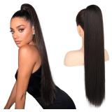FLUFYMOOZ ponytail extension, 26 Inch Long Straight Drawstring Ponytail Hairpieces Fake Pony Tails Natural Soft Clip in Hair Extension ponytail for Women (Black Brown)