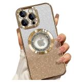 Misscase for iPhone 12 Pro Max Magnetic Glitter Case Compatible with MagSafe,Full Protection Slim Shockproof Anti-Scratch Case with Camera Lens Protector Logo View Dust-Proof Net for Women Gold
