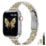 MioHHR Slim Metal Band Compatible with Apple Watch Band 41mm 40mm 38,mm,Dressy Stainless Steel Chain Strap for Women iWatch Bands Series 9 8 7 6 5 4 3 2 1 SE,Silver/Gold