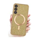 Newseego for Samsung Galaxy S23 Plus Magnetic Case, Sparkle Glitter Case Cover with MagSafe Full Camera Lens Protection Bling Case Anti-Scratch Shockproof Phone Case for Samsung Galaxy S23 Plus-Gold