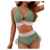 Blooming Jelly Womens High Waisted Bikini Tummy Control Swimsuits Two Piece Drawstring Bathing Suit (M, Green)