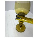 2 German Roemer Blown Glass Pair Wine Glasses Golden Amber Hollow Stem Glass(One With Chip on Rim)