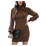 ANRABESS Women Long Sleeve Turtle Mock Neck Rib Knit Stretch Slim Fitted Bodycon Sweater Mini Short Dress 2024 Fall Outfits Brown Medium