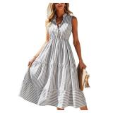 BROVAVE Womens 2024 Summer Sleeveless Shirt Dress Collar Striped V Neck Casual Midi Dresses(Gray, L)