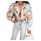 EVALESS Multicolor Long Sleeve Shirt for Women Plus Size Tops for Women Dressy Casual Cute Blouses for Women Fashion 2024 Button Down Shirts Sexy V Neck Boho Tops Spring Fall Outfits Clothes, X-Large