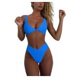 geluboao Womens Blue Swimsuits Two Piece Sexy Double Shoulder Knot Front Push Up Cheeky Brazilian Cut High Waisted Thong Bikini Set S