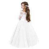 Flower Girl Dress Kids Lace Pageant Party Christmas Ball Gown Dresses (Size 8, White)