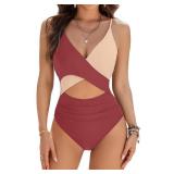 Blooming Jelly Womens One Piece Swimsuit Sexy Cutout High Cut Color Block Bathing Suits Cheeky Cute Ladies Monokini Swimwear (Large, Rust)