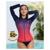 ATTRACO Rash Guard for Women Front Zipper Swim Shirts Rashguard Sun/UV Protection UPF 50+ Navy L