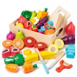 32 Pcs Wooden Play Food Sets for Kids Kitchen Accessories, Early Education Montessori Kids Toys ,Vegetables Toddler Toys Role Pretend Playfor Toddlers and Kids Ages 3+