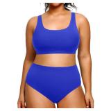 Daci Plus Size Two Piece High Waisted Bikini Set Sport Scoop Neck Swimsuit Full Coverage Bathing Suit Royal Blue 14 Plus