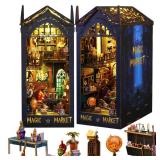 DIY Book Nook Kit, 3D Wooden Puzzle Bookshelf Decor with LED, Miniature Bookend Magic Pharmacist Dollhouse Kit for Teens and Adults