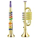 Amylove Set of 2 Music Instruments Include Toy Trumpet and Toy Saxophone Plastic Trumpet Portable Clarinet with Colored Keys Educational Toy for Home School Christmas Musical Gifts, Gold Finish