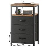 Huuger Nightstand with Charging Station, 27.6 Inch Side Table with Fabric Drawers, End Table Bedside Table with USB Ports and Outlets, Night Stand for Bedroom, Rustic Brown and Black