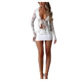 Women Sexy 2 Piece Floral Lace Outfits Set Y2K Long Sleeve Sheer See Through Mesh Top Dress Set Streetwear (White #001, S)