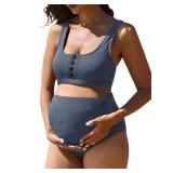 Summer Mae Maternity Ribbed High Waist Swimsuit Crop Top Bikini Bathing Suit High Cut Two Piece Pregnancy Swimwear Light Blue X-Large