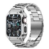 MioHHR Stainless Steel Band and Case Compatible with Apple Watch Band 44mm 42mm, Men Metal Protective Bumper Cover for iWatch Series SE/6/5/4/3/2/1, Silver