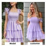 Byinns Womens Square Neck Sleeveless Ruffle Dress High Waist Backless Tiered Smocked Strappy Casual Short Mini Dresses Purple XL