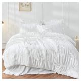 Queen Comforter Set White Bedding - Ruched Comforter Queen Size Bed Set Boho Shabby Chic Bedding for Bedroom Comforter Fluffy 3 Piece Ruffle Comforter Set with Pillow White Bedding Soft