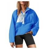 Yanekop Womens Fuzzy Fleece Pullover Sherpa Sweatshirt Long Sleeve Button Down Sweater Jacket with Pockets(Blue Mixed,M)