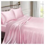 Vonty Satin Sheets King Size Silky Soft Satin Bed Sheets Pink Satin Sheet Set, 1 Deep Pocket Fitted Sheet + 1 Flat Sheet + 2 Pillowcases