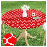 Smiry Round Picnic Tablecloth, Waterproof Elastic Fitted Table Covers for 36" - 44" Tables, Wipeable Flannel Backed Vinyl Tablecloths for Camping, Indoor, Outdoor, Red