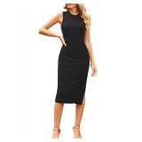 Pink Queen Tank Dress for Women Crew Neck Sleeveless Bodycon Side Slit Ribbed Knit Party Midi Dresses Black L