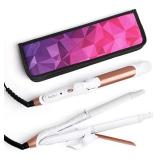 AmoVee 2 in 1 Curling Iron & Flat Iron, Medium, White - Travel Curling Iron with Ceramic Tourmaline, Dual Voltage for International Use, Includes Carry Bag