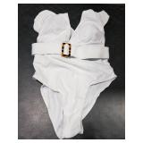 Avanova Womens Deep V Neck Suit One Piece Swimsuit Ruffle Strappy Swimwear Bathing Suits White X-Large