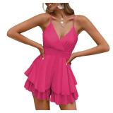 Fixmatti Women Boho Romper Spaghetti Straps V Neck Backless Chiffon Belted Shorts Jumpsuits Rose Red XL