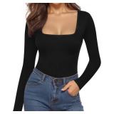 MANGOPOP Black Bodysuits for Women Long Sleeve Square Neck Slim Fitted Tops (Black, X-Large)