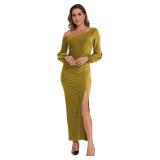 Formal Dresses for Women Elegant Sparkly Sequin Long Sleeve Gowns Sexy Off Shoulder High Split Evening Party Dress,Gold_Large